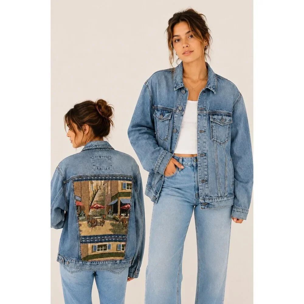 Express Upcycled Tapestry Back Denim Jacket Womens Medium Oversized Artwear